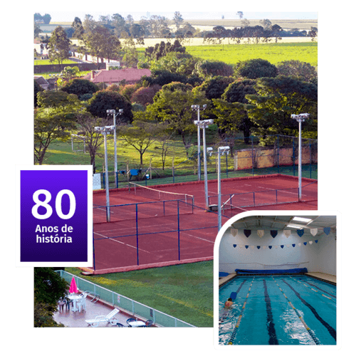 Imagem celebrando os 80 anos do Clube Comercial de Arapongas, destacando a piscina de natação e uma quadra de tênis, simbolizando as atividades esportivas do clube.